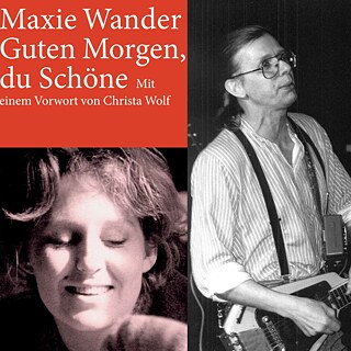 À gauche, la couverture de « Guten Morgen, du Schöne » en rouge, avec une femme souriante et un lettrage blanc ; à droite, une photo en noir et blanc de Gundermann, vêtu d'une chemise rayée, regardant vers la droite, sa guitare à la main