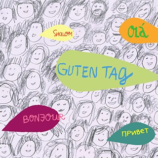 Illustration von farbigen Sprechblasen mit Begrüßungen in verschiedenen Sprachen.