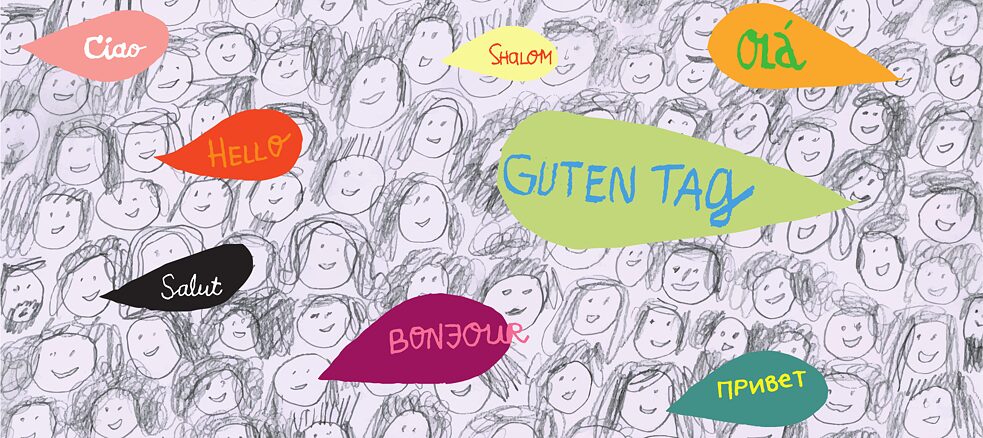 Illustration von farbigen Sprechblasen mit Begrüßungen in verschiedenen Sprachen.
