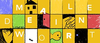 Buntes Raster aus gelben, grünen und roten Kacheln mit gezeichneten Symbolen wie Haus, Tür, Händereichen und dem Schriftzug „Male dein Wort“.