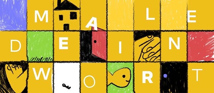 Buntes Raster aus gelben, grünen und roten Kacheln mit gezeichneten Symbolen wie Haus, Tür, Händereichen und dem Schriftzug „Male dein Wort“.