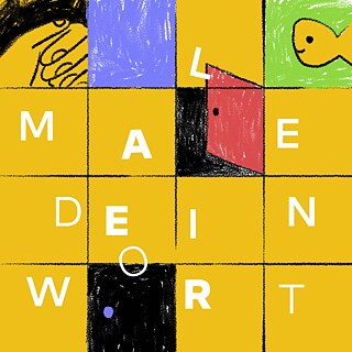 Пъстра мозайка от цветни квадратчета с нарисувани символи като къща, врата, ръкостискане и надпис „Нарисувай своята дума“.