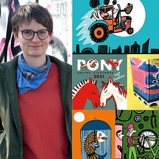 Frau mit Brille und Jacke an ein Geländer lehnend. Buchcover und Illustrationen