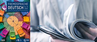Im Vordergrund ist das Cover der Zeitschrift Fremdsprache Deutsch Nr. 74 abgebildet. Im Hintergrund ist der Oberkörper einer Person sichtbar, die eine Zeitschrift in der Hand hält. 
