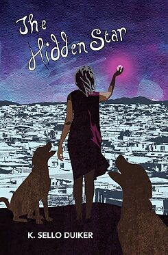Illustrated book cover for The Hidden Star by K. Sello Duiker showing a lone figure standing on a hill above a sprawling city at night, raising a hand toward a glowing pink light in a purple-blue sky, with two dog-like silhouettes nearby and the title text above.