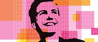 Eine stilisierte Silhouette einer Person vor einem farbenfrohen Hintergrund aus überlappenden Rechtecken in Rosa‑, Orange‑ und Gelbtönen. Über dem gesamten Bild liegen binäre Zahlenfolgen aus Einsen und Nullen, die wie ein digitales Muster wirken.
