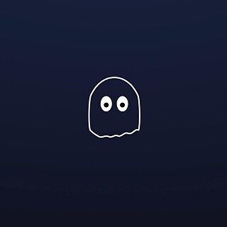 Minimalist illustration of a small white ghost with round eyes on a dark blue background.