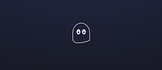 Minimalist illustration of a small white ghost with round eyes on a dark blue background.