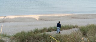 Szene aus dem Film „Kruso“: Person steht in Dünen und blickt auf ruhiges Meer und Sandstrand.