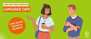 Illustration: Two people talking over coffee with information about a free German language café.