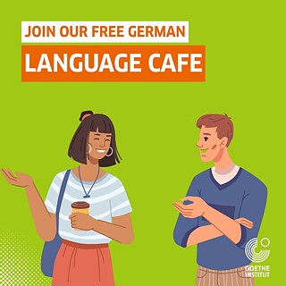 Illustration: Two people talking over coffee with information about a free German language café.