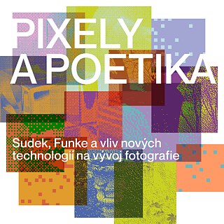 Bílý nápis Pixely a Poetika na barevném pozadí skládajícího se z několika různě barevných rozpixlovaných čtverců. 