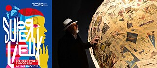 Grafica IPER Festival delle Periferie 2026 e foto dell'opera Sfera GO 2025 di Michelangelo Pistoletto