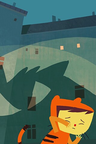 Poster zum animierten Kurzfilm „Ich habe keine Angst!“. Das Bild zeigt ein stilisiertes Kind im orangefarbenen Tigerkostüm in einem dunklen Innenhof bei Nacht. An der Wand hinter dem Kind erscheint ein großer Schatten in Form eines bedrohlich wirkenden Tieres, wodurch eine angespannte und fantasievolle Szene entsteht. 