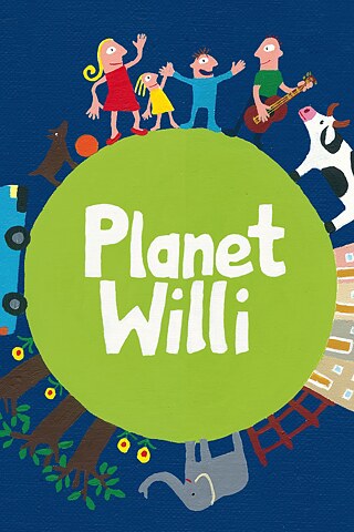 Farbig illustriertes Poster zum animierten Kurzfilm „Planet Willi“. In der Bildmitte ist ein großer grüner Planet zu sehen, auf dem in weißer Schrift „Planet Willi“ steht. Um den Planeten herum befinden sich zeichnerisch dargestellte Figuren, Tiere, ein Bus, Bäume, Gebäude und eine Familie am oberen Bildrand.