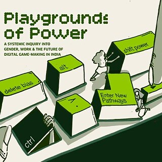An illustration: Keyboard keys with "Delete Bias, Enter New Pathways, Shift Power" are moved by women