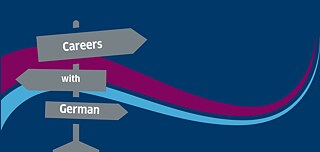 Navy blue background with two waves running through. One magenta coloured and one light blue. On the left grey signs with the writing "Careers with German"