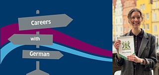 A horizontally split image: On the left, a dark blue background with two curved lines in magenta and light blue. On top of this, a sign with three arrows pointing to the right, labeled “Careers,” “with,” and “German.” On the right, a portrait photo of a young woman with brown hair styled in an updo, wearing a checked blazer. She is smiling at the camera and holding up a sign that says “Derby.” In the background, there is a row of colorful houses.