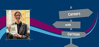 Ein Bild mit navyblauen Hintergrund von einer magentafarbenen und einer hellblauen Welle durchzogen. Auf der linken Seite ein Protrait von Sophie Bailey. Auf der rechten Seite ein graues Wegweiserschild mit dem weißen Schriftzug "Careers with German" 