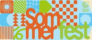 Abstraktes, farbenfrohes Sommermotiv mit großen Schriftformen, grafischen Mustern und Goethe-Institut-Logo in Blau, Orange und Grün.