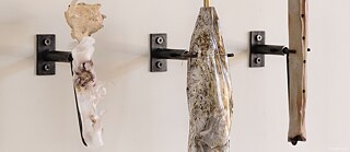 An einer hellen Wand sind drei kleine, ungewöhnliche Objekte auf schwarzen Metallhalterungen befestigt. In der Mitte hängt ein längliches, transparentes Element mit zwei dünnen Stäben nach unten, während links und rechts organisch geformte, teils wachsartige oder knochenähnliche Materialien zu sehen sind. 