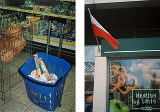 Nákupný košík pri regáloch Łowiczanky, poľského obchodu na periférii Utrechtu | Poľská vlajka nad vstupom do supermarketu Krakus v Amsterdame
