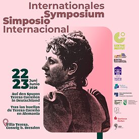 Teresa Carreño, fondo rosado y logos de las instituciones socias del Goethe-Institut