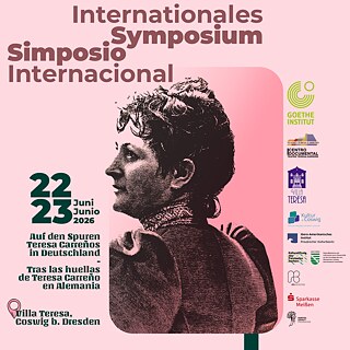 Teresa Carreño, fondo rosado y logos de las instituciones socias del Goethe-Institut