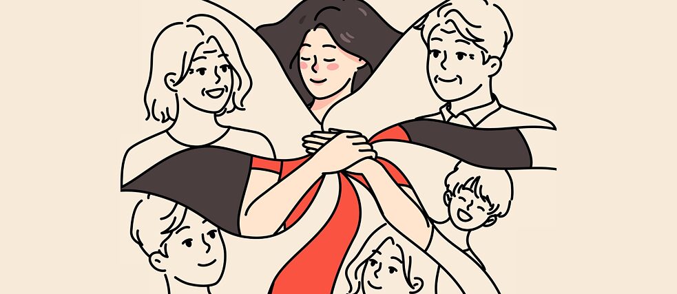 Illustration einer Person in roter Kleidung mit langen dunklen Haaren, die von mehreren Kindern und Jugendlichen umgeben ist, wodurch Nähe und Zusammengehörigkeit dargestellt werden.