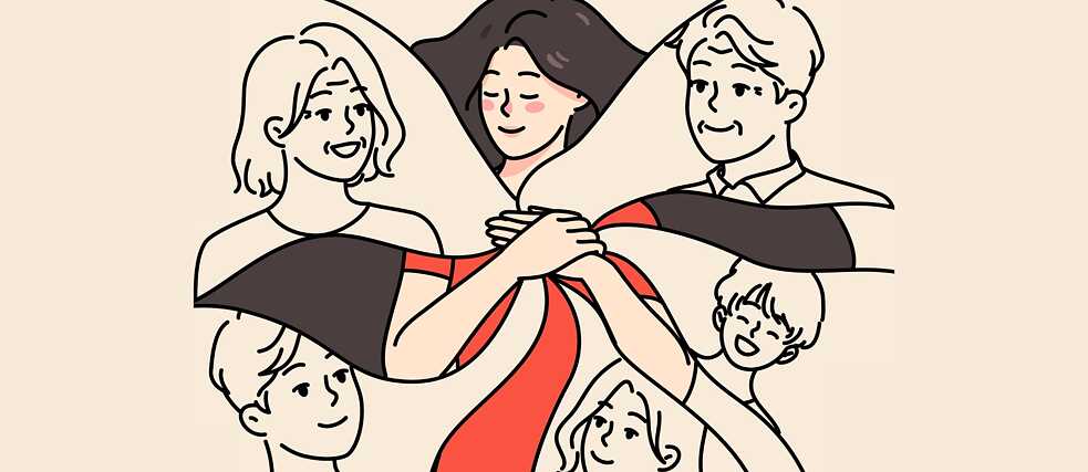 Illustration einer Person in roter Kleidung mit langen dunklen Haaren, die von mehreren Kindern und Jugendlichen umgeben ist, wodurch Nähe und Zusammengehörigkeit dargestellt werden.