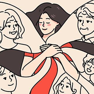 Illustration einer Person in roter Kleidung mit langen dunklen Haaren, die von mehreren Kindern und Jugendlichen umgeben ist, wodurch Nähe und Zusammengehörigkeit dargestellt werden.
