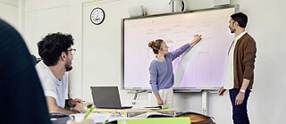 A classroom scene with people seated at desks, facing a digital whiteboard where one person points to German weather words while another stands nearby.