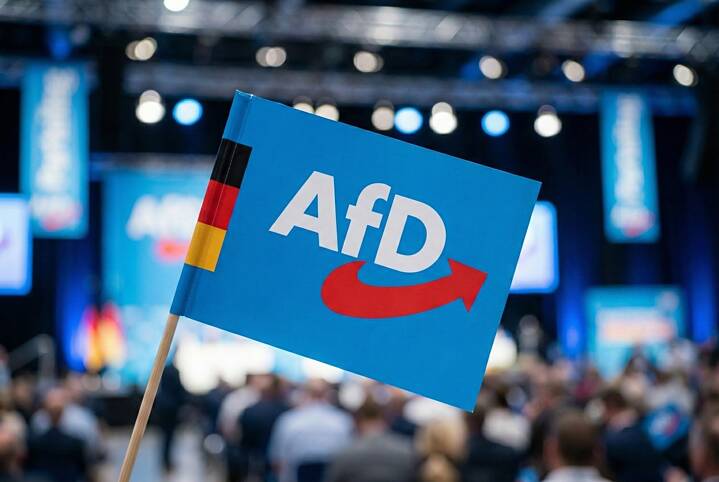 Eine blaue Fahne der rechten Partei „Alternative für Deutschland“ mit Deutschlandfarben am linken Rand.