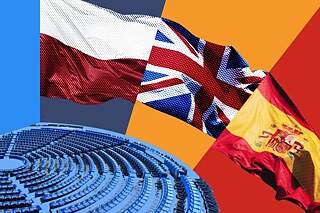 The Polish, UK, and Spanish flag hover over the EU parliament