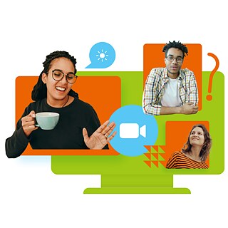 Mehrere Personen sind in einer grafischen Darstellung eines Videoanrufs zusammen mit Symbolen für Kommunikation auf einem Bildschirm angeordnet
