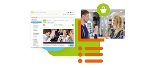 Online-Lernplattform und zwei Personen im Gespräch mit Grafiken.