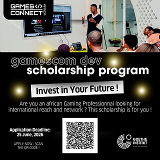 Web event poster for Gamescom Dev Scholarship with dates and QR code to register
