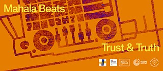 Grafisches Poster in kräftigem Orange mit einer stilisierten Illustration eines Mischpults oder DJ‑Controllers in violett-blauer Rasteroptik. Oben steht der Titel ‚Mahala Beats‘, darunter der Schriftzug ‚Trust & Truth‘. Am unteren Rand sind mehrere Logos von beteiligten Institutionen, darunter das Goethe‑Institut und weitere Partner, angeordnet.