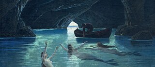 Gemälde der Blauen Grotte auf Capri: Ein Fischer auf einem Boot umgeben von Sirenen.