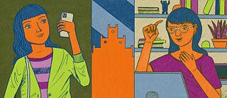Illustration zur Bewerbung von Deutschkursen am Goethe-Institut Brasilien. Das Bild ist farbenfroh und in drei Teile gegliedert. Links hält eine Person ein Smartphone und macht ein Foto. In der Mitte ist die Silhouette eines stilisierten Gebäudes aus Deutschland zu sehen, das an europäische Architektur erinnert. Rechts sitzt dieselbe Person vor einem Laptop in einem Raum mit Bücherregal und Pflanze, ergänzt durch Elemente aus Deutschland. Die Illustration verwendet die leuchtenden Farben des Goethe-Instituts wie Grün, Orange, Violett und Blau. Die dargestellten Situationen deuten auf digitales und Präsenzlernen hin und verbinden Brasilien und Deutschland.
