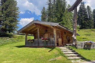 Eine Holzhütte im alpenländischen Stil, im Hintergrund hohe Nadelbäume.
