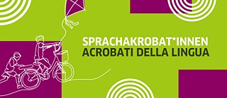 Graphik in Grün und Violett mit zweisprachigem Schriftzug Sprachakrobat*innen / Acrobati della lingua