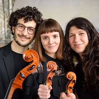Ritratto dei musicisti del Trio David (Tommaso Castellano, Violoncello; Chiara Mazzocchi, Viola; Gloria Santarelli, Violine)