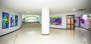 Ausstellungsansicht von Elima – NoBody mit großformatigen Gemälden in leuchtenden Violett-, Grün-, Gelb- und Rosatönen von Mukenge/Schellhammer im Museum für zeitgenössische Kunst in Kinshasa.