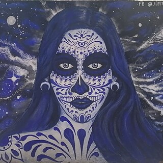 A drawing of a woman's face. The colors are all shades of blue, and she has many patterns on her face. The woman's gaze is creepy.