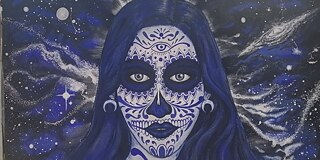 A drawing of a woman's face. The colors are all shades of blue, and she has many patterns on her face. The woman's gaze is creepy.