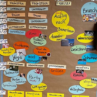 Pinnwand mit bunten Karten, die einen Wochenplan darstellen.
