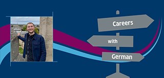 Promotional graphic for a “Business Lunch with Ben Willner” as part of the “Careers with German” series. The design features a dark blue background with curved magenta and light blue accents, a photograph of a person standing outdoors overlooking a cityscape, and a grey signpost displaying the words “Careers with German”.