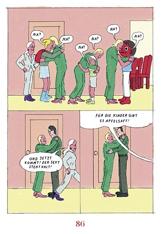 Comicseite mit mehreren Panels. Die Tochter im Ganzkörperanzug begrüßt die Familie ihres Bruders. Über den Figuren stehen wiederholt die Sprechblasen „Na?“. In den unteren Panels verkündet die Mutter: „Und jetzt kommt! Der Sekt steht kalt!“ und „Für die Kinder gibt es Apfelsaft!“.