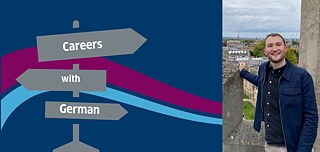 Advertising graphic for a “Business Lunch with Ben Willner” as part of the “Careers with German” series. The design features a dark blue background with curved pink and light blue elements, a photograph of a person outdoors overlooking a city, and a grey signpost displaying the words “Careers with German.”